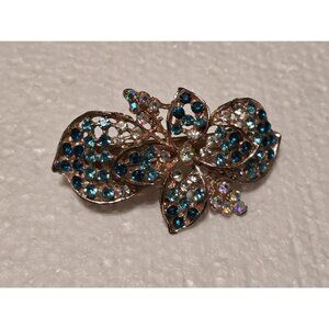 Gold-Tone Rhinestone Butterfly Hair Clip Barrette With Blue & Clear Crystals